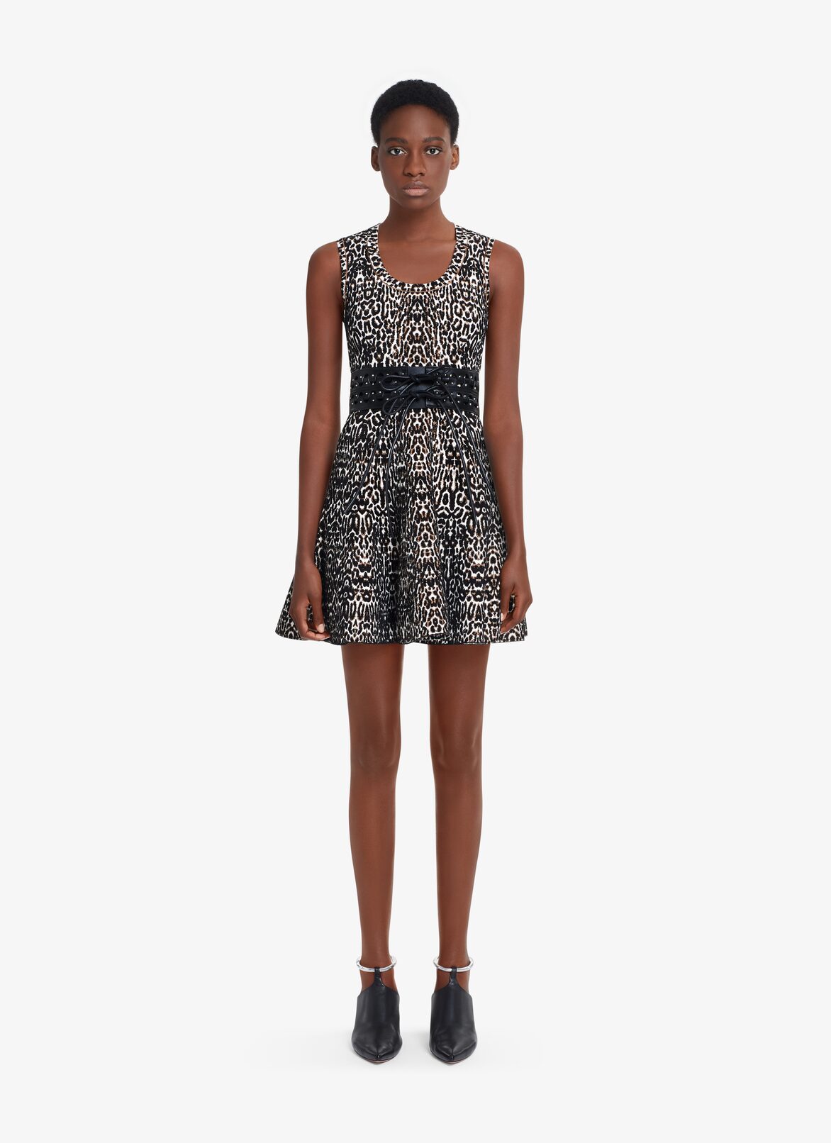 SLEEVELESS LEOPARD KNIT SKATER DRESS ALAÏA BLACK/IVORY SLEEVELESS LEOPARD KNIT SKATER DRESS